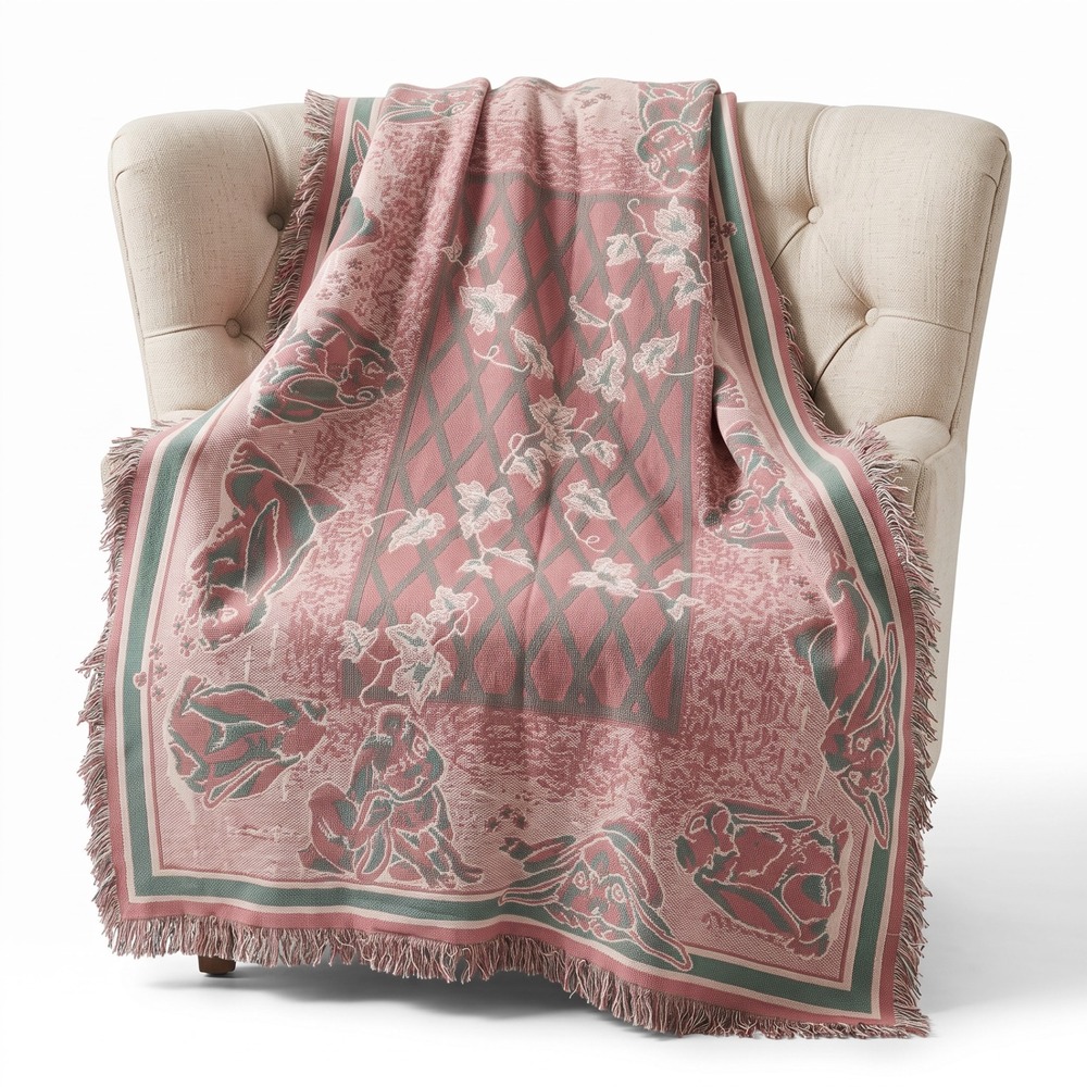 Vintage Bunny Rabbit Garden Woven Tapestry Throw Blanket Pink Sage Green Fringe